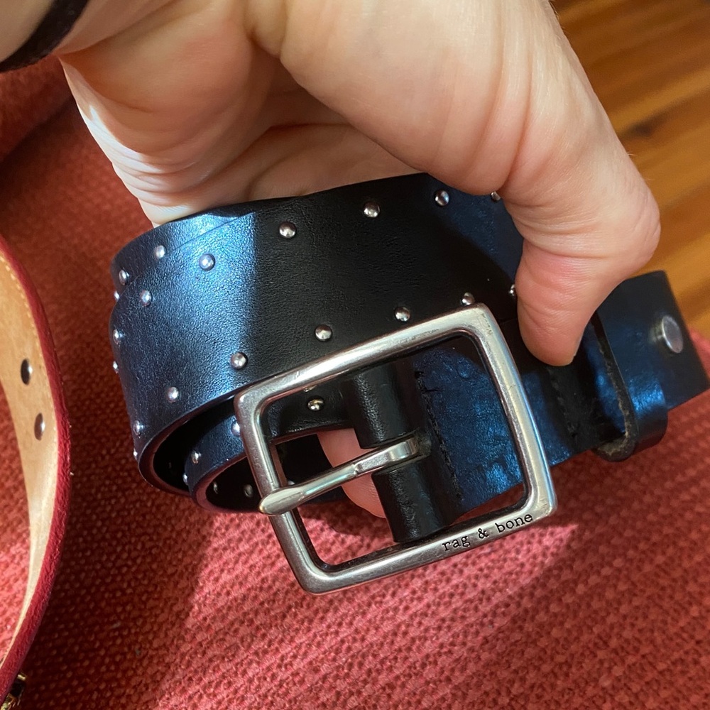 rag & bone Black Studded Leather Belt with Silver Buckle made in England